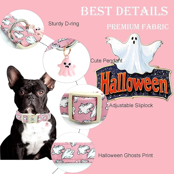 Elegant little tail Halloween Dog Collar, Ghosts Print Pink Halloween Pet Collars Cotton Soft Sturdy Puppy Collars Holiday Female Adjustable Collar for Large Dogs
