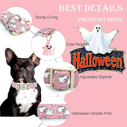 Elegant little tail Halloween Dog Collar, Ghosts Print Pink Halloween Pet Collars Cotton Soft Sturdy Puppy Collars Holiday Female Adjustable Collar for Medium Dogs