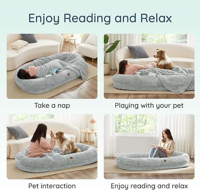 Human Dog Bed for Adult - Luxury Faux Fur Giant Size Dog Bed with Portable Handle, Egg Orthopedic Foam with Blanket, 72"x40"x10", Light Grey