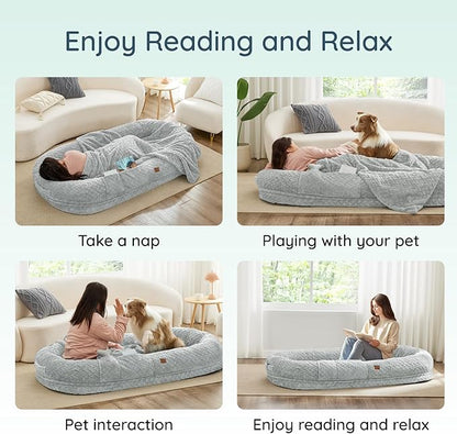 Human Dog Bed for Adult - Luxury Faux Fur Giant Size Dog Bed with Portable Handle, Egg Orthopedic Foam with Blanket, 72"x40"x10", Light Grey