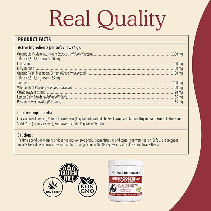 Calming Chews for Dogs & Cats – Soft Chews with Reishi & Lion’s Mane for Daily Composure – for All Breeds & Sizes – Calming Treats for Dogs: 1 Chew/20 lb Daily; Cats: ¼ Chew Twice Daily – 60 Count