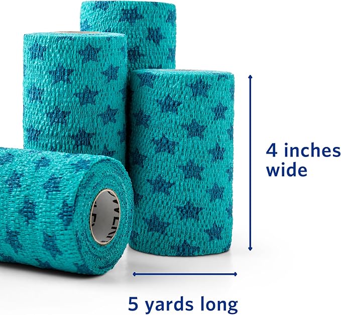 PowerFlex Equine – Extra Strong Self-Adhering Bandage Wrap – Wound Care, Compression & Support Bandage for Horses, Cows & Dogs – Stars, 4 inch, 4 Rolls (Resealable Case)