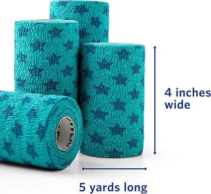 PowerFlex Equine – Extra Strong Self-Adhering Bandage Wrap – Wound Care, Compression & Support Bandage for Horses, Cows & Dogs – Stars, 4 inch, 4 Rolls (Resealable Case)