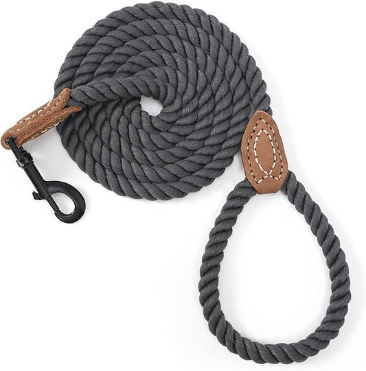 Mile High Life Dog Leash, Braided Cotton Rope Leashes with Leather Tailor Tip with Leather Tip - Heavy Duty Metal Clasp, 5FT, 1/2" Thick - Wedding, Walking for Medium Large Dogs(Dark Gray)