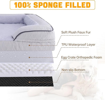 Orthopedic Dog Bed for Extra Large Dogs, 42x30 Inch Waterproof Egg Crate Memory Foam Dogs Bed with Zipper Top and Washable Cover, Nonslip Bottom for Living Room, Dark Grey