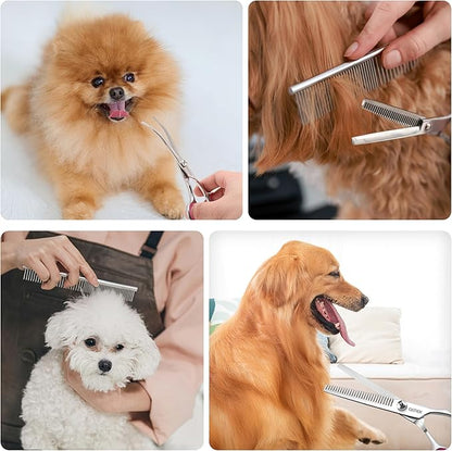 GEMEK Dog Grooming Scissors with Safety Round Tips Stainless Steel Professional Dog Grooming Kit - Thinning, Curved Scissors and Comb for Cat Pet (Pink 4 in 1)