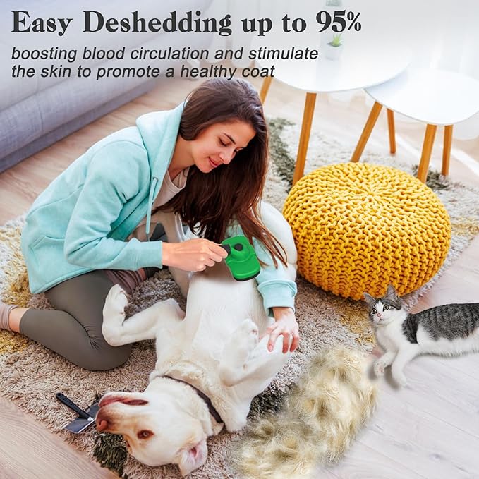 Dipoo Self Cleaning Deshedding Brush for Dogs & Cats - Skin Friendly Grooming Tool with Hair Removal for Haired Pets, Green