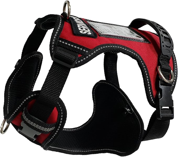 ActiveDogs No Pull Service Dog Harness - Adjustable, No Choke Medium/Large Service Dog Vest Harness - Includes Reflective Padding, Patch, Control Handle, ID Window. &D-Rings – Red, 24"-32" Girth