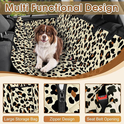NECKORY Waterproof Dog Car Seat Cover for Back Seat - Durable, Scratch Proof Pet Hammock with Nonslip Design & Storage Pockets, Fits Cars, SUVs, Trucks- S, Leopard/Black