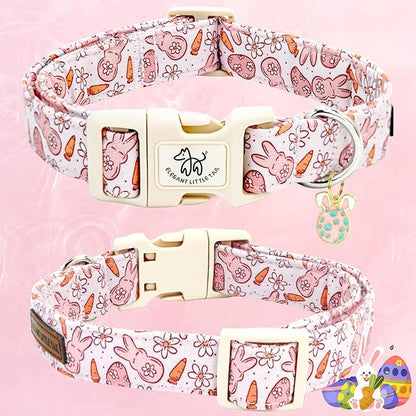 Elegant little tail Easter Dog Collar,Bunny Pattern Pet Collar Pink Durable Holiday Female or Male Adjustable Cotton Pet Collar with Quick Release Buckle for Small Dogs