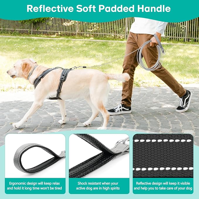 Long Leash Chew Proof, Tie Out Cable for Dogs 10/20/30/50 ft With Carabiner, Leads for Yard Medium Large Dogs, Padded Handle (Grey, 30Ft)