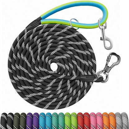Long Dog Leash for Dog Training 10FT/15FT/20FT/30FT/40FT/50FT/100FT Reflective Leash with 2 Hooks, Heavy Duty Dog Lead for Large Medium Small Dogs Outside Walking Camping Yard, Black 15FT