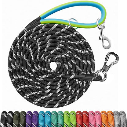 NTR Dog Training Leash, 20FT Puppy Check Cord Rope Lead, with 2 Swivel Hooks, Reflective Threads and Soft Handle, Puppy Leash for Walking, Hunting, Camping for Small Medium and Large Dogs-Black