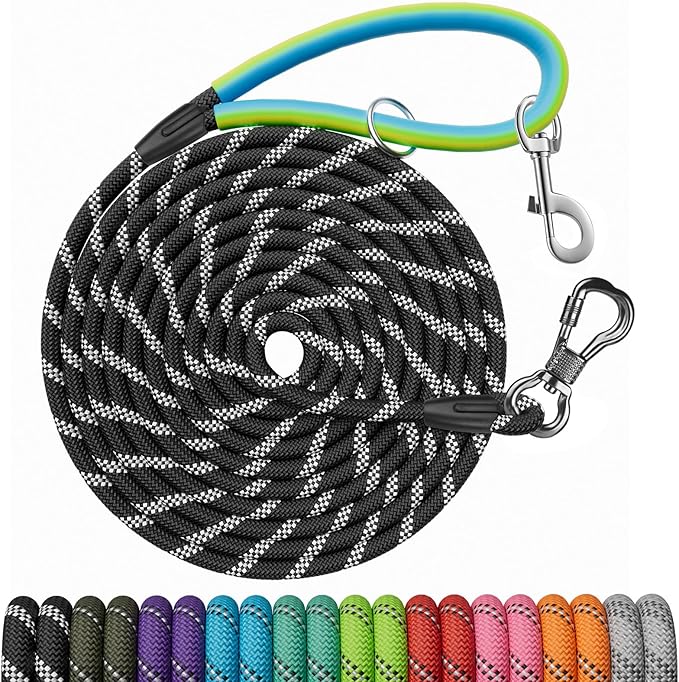 Long Leash for Dog Training 10FT/15FT/20FT/30FT/40FT/50FT/100FT Reflective With 2 Hooks, Heavy Duty Lead for Large Medium Small Dogs Outside Walking Camping Yard, Black 100FT