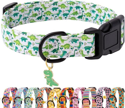 Faygarsle Dog Collar for Small Medium Large Dogs Cute Green Puppy Collars for Male Dogs Dinosaur Patterned Pet Collars for Summer Spring Wedding Puppy Boy Dog Collar L
