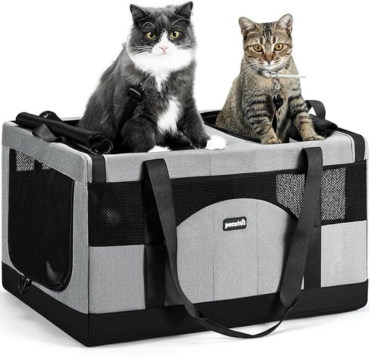 Pecute Large Cat Carrier for 2 Cats Built-in Steel Frame & Removable Divider,Pet Carrier for Car Travel,Foldable Dog Crate,Soft Double Cat Crate with Breathable Mesh,Vet,Gray