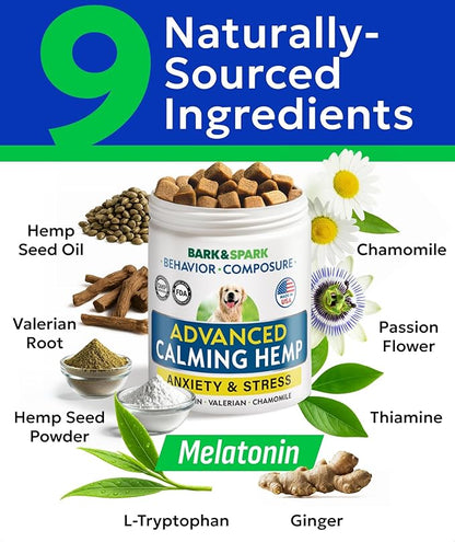 BARK&SPARK Advanced Calming Chews for Dogs - Hemp Chew + Melatonin - Anxiety Relief - Sleep Aid - Relaxing Treats - Stress Relief During Fireworks, Storms, Thunder, Barking