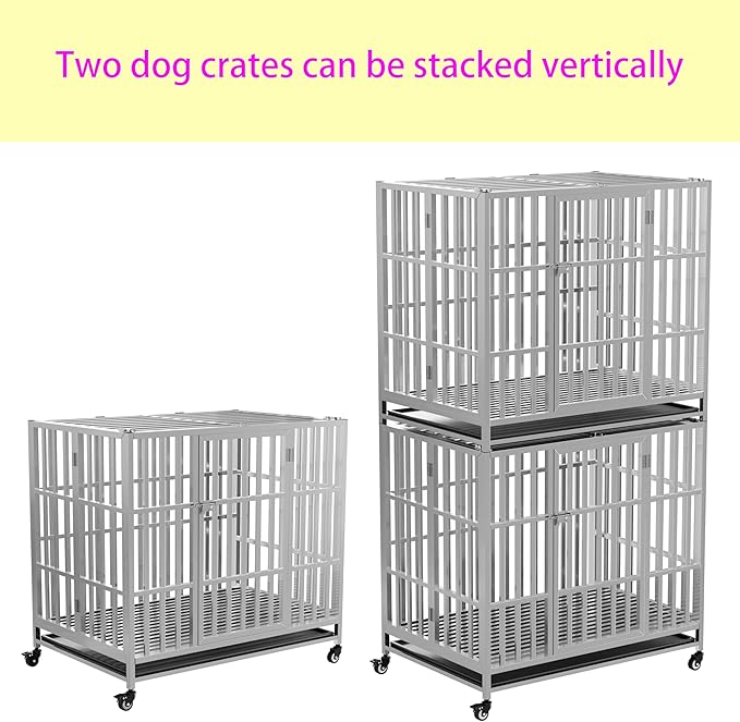 37" 42" 48" Heavy Duty Dog cage Stainless Steel Metal Kennel and Crate, Collapsible for Medium to Large Dogs, Easy to Assemble pet Pen with Four Lockable Wheels, Black Tray(37in)