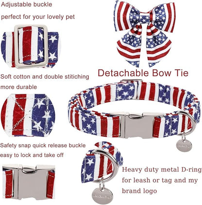 UP URARA PUP Patriotic Dog Collar with Bow Tie, 4th of July Bowtie Dog Collar, American Flag Collar for Puppy Boy Girl Dog or Cat, Comfortable Summer Bowtie Collar with Metal Buckle, XS