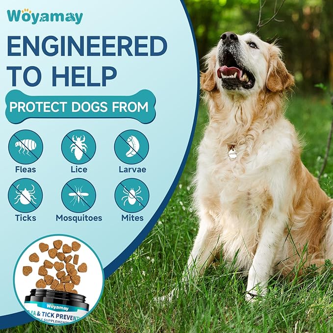 Woyamay Flea and Tick Prevention for Dogs Chewables, 200 Soft Treats, Natural Dog Flea and Tick Treatment, Oral Flea Chews for Dogs Supplement, Flea and Tick Chews for Dogs Puppies, All Breeds & Sizes