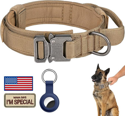 DAGANXI Tactical Dog Collar, Adjustable Military Training Nylon Dog Collar with Control Handle and Heavy Metal Buckle for Medium and Large Dogs, with Patches and Airtags Case (XXL, Brown)