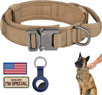 DAGANXI Tactical Dog Collar, Adjustable Military Training Nylon Dog Collar with Control Handle and Heavy Metal Buckle for Medium and Large Dogs, with Patches and Airtags Case (S, Brown)