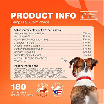 Glucosamine for Dogs - Joint Supplement for Dogs - Glucosamine Chondroitin - 180 Hip and Joint Care Mobility Chews - MSM, Turmeric - Advanced Mobility Support - Bone Health - Large and Small Breeds