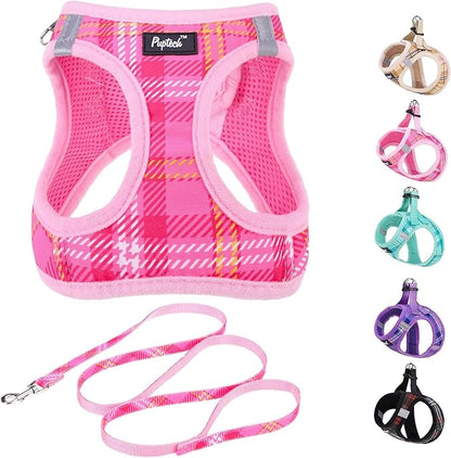 PUPTECK Dog Harness and Leash Set for Small Medium Dogs No Pull Step-in Soft Mesh Puppy Cat Vest Harnesses Reflective at Night, Plaid Pattern Pink M