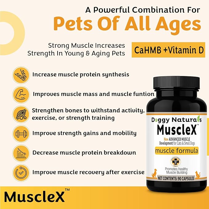 MuscleX™ Feline Canine Muscle Formula Cats & Small Dogs with 300 mg CaHMB & Vitamin D3, Natural Muscl Building formula - Helps Reduce Muscle Loss Due to Normal Aging & Improve Injury Recovery(90 Caps)