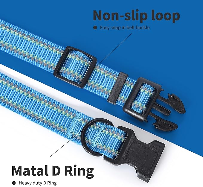 Mile High Life Reflective Dog Collar, Basic Dog Collars Adjustable Quick Release, Soft Nylon Pet Collar with Metal D-Ring for Small Medium Large Dogs (Hot Blue, L Neck15-19")