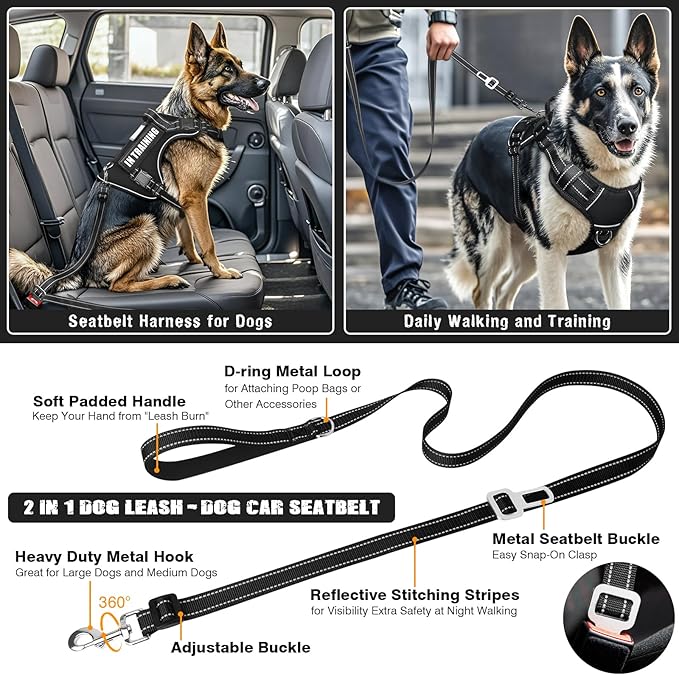 MOOGROU Tactical Dog Harness and Leash Set for Large Dogs,Heavy Duty No Pull Service Dog Vest and 10 Patches with Dog Seat Belt,Reflective Adjustable Pet Harness for Training Walking Hiking Black XL
