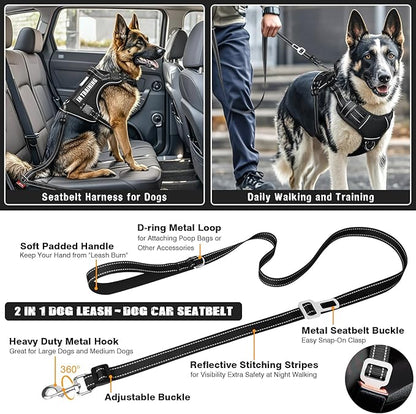MOOGROU Tactical Dog Harness and Leash Set for Large Dogs,Heavy Duty No Pull Service Dog Vest and 10 Patches with Dog Seat Belt,Reflective Adjustable Pet Harness for Training Walking Hiking Black L