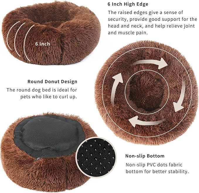 Calming Donut Dogs Beds for Small Dogs Washable,19inch Fluffy Round Puppy Bed for Puppies,Cats & Toy Breeds with Raised Rim,Fits up to 15 lbs Pets,Chocolate Brown