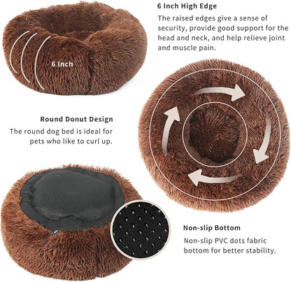 Calming Donut Dogs Beds for Small Dogs Washable,19inch Fluffy Round Puppy Bed for Puppies,Cats & Toy Breeds with Raised Rim,Fits up to 15 lbs Pets,Chocolate Brown