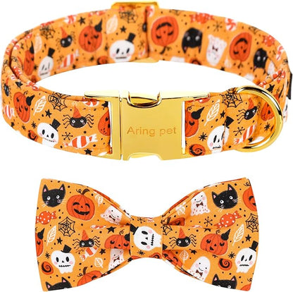 ARING PET Dog Collar with Bow-Halloween Dog Collar Bowtie, Adorable Boy and Girl Ghost Pumpkin Dogs Bowtie Collar Gifts with Metal Buckle