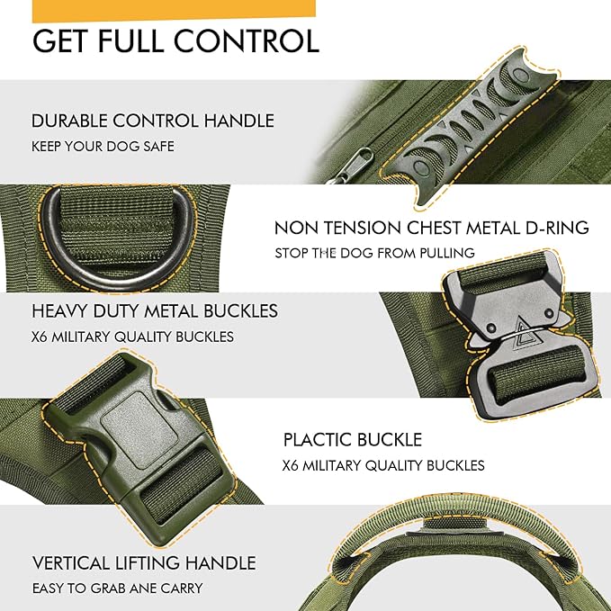 Tactical Dog Backpack Harness for Large Breed Original Design Metal Buckle Vest with Side Bags Pouches for Service Working Training (Green (with 2 Pouches), M)
