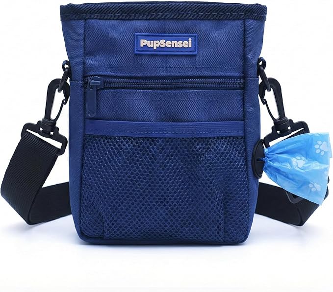 PupSensei Dog Treat Pouch for Training – Magnetic Dog Treat Bag with Belt Clip & Poop Bag Dispenser – Hands Free Carry Pouch with Auto-Close Access & Shoulder Strap – Durable Pet Gear – Navy Blue