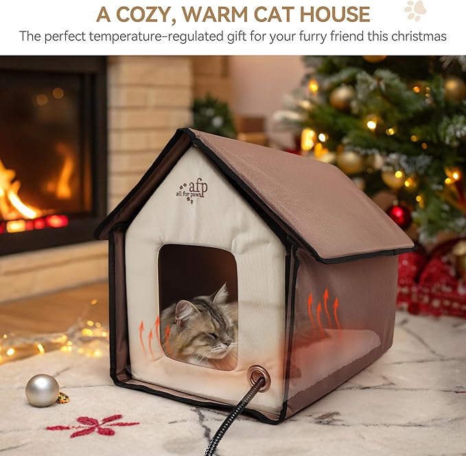 ALL FOR PAWS Heated Cat House, Indoor/Outdoor Cats Home for Winter with Heated Pad,Cat Houses & Condos, Feral Kitty Shelter, Thermo Kitty Home