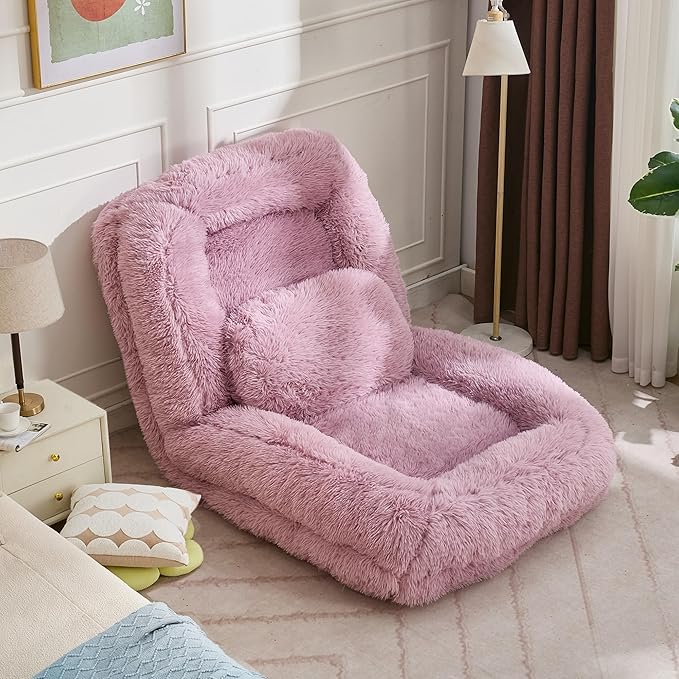 KEIKI 69" Plush Faux Fur Human Size Dog Bed, Oversized Foldable Human Dog Bed for Adults and Pets, Adjustable Lounge Sofa Bed with Cushions, Giant Dog Bed for Humans, Pink