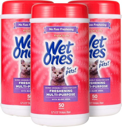 Wet Ones for Pets Freshening Multipurpose Wipes for Cats with Aloe Vera, Fresh Scent - Easy to Use Cat Cleaning Wipes for Pet Grooming in Canister, 50 Count - 3 Pack