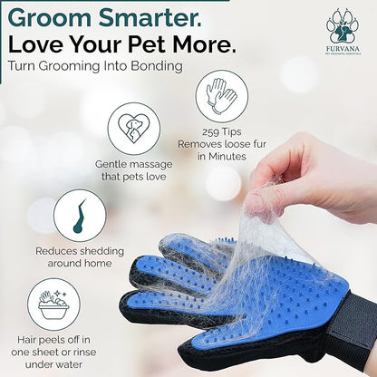 Pet Grooming Gloves for Dogs & Cats – Premium 259-Tip Deshedding & Massage Mitts, Easy-Peel Hair Removal, Adjustable Strap, 1 Pair (Blue/Pink) (Blue)