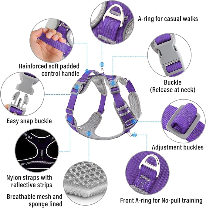 Plutus Pet No Pull Dog Harness, Release at Neck, Reflective Adjustable Dog Vest Harness, Easy Control Handle for Walking, for Small Medium Large Dogs, Purple, S