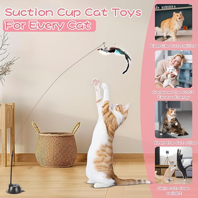 Maiguangta Interactive Bird Simulation Cat Toy Set,Cat Wand Toys,Wand Self-Holding Suction Cups Base,Include Detachable 6 Pcs Replacements Feathers Toys