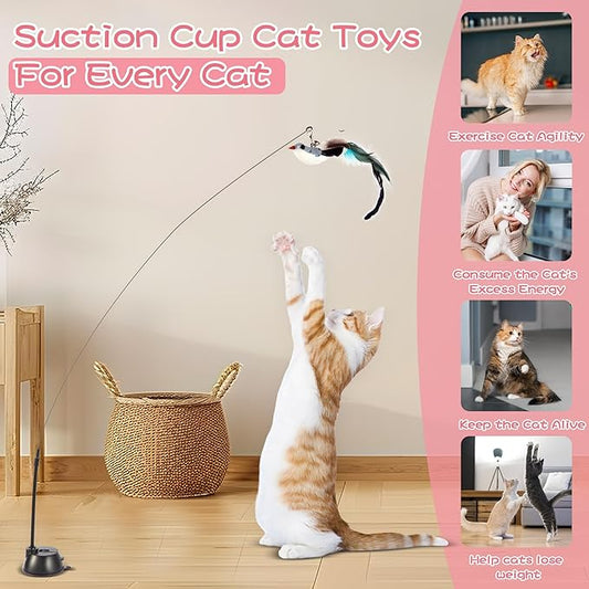 Maiguangta Interactive Bird Simulation Cat Toy Set,Cat Wand Toys,Wand Self-Holding Suction Cups Base,Include Detachable 6 Pcs Replacements Feathers Toys