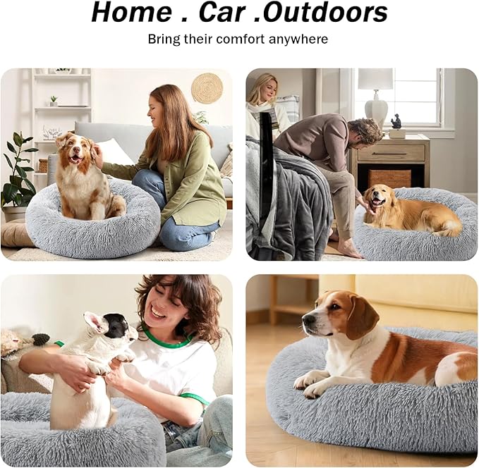 NOYAL Calming Donut Dog Bed for Small to Medium Dogs & Cats - Plush Faux Fur Anti-Anxiety Pet Bed with Machine Washable Cover & Non-Slip Base