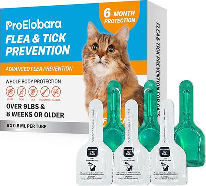 ProElobara Topical Flea and Tick for Large Cats: Waterproof Topical Cat Flea and Tick – Fast-Acting & Long-Lasting at Home Control for Cats Over 9 lbs and 8 Weeks or Older – 6-Dose Supply