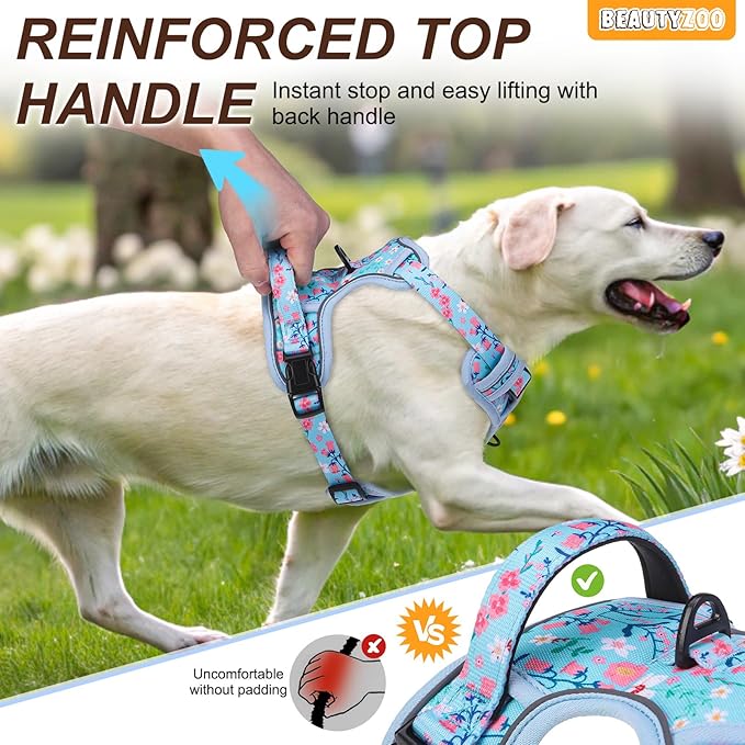 BEAUTYZOO No Pull Dog Harness and Leash Set with 2 Metal Leash Clips - Overhead-Free 3 Snap Buckles Design, Adjustable No-Choke Soft Padded Reflective Oxford Pet Vest for Small Medium Large Dogs, M