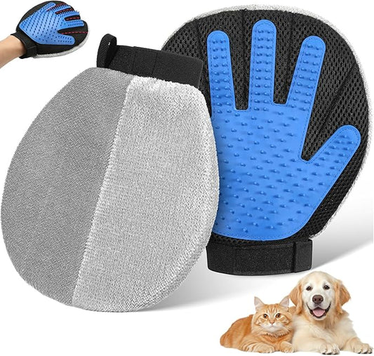 Pawaboo Pet Hair Removal Glove, Dual-Side Electrostatic Hair Removal & Silicone Fur Brush for Dogs and Cats, Reusable Five-Finger Pet Fur Grooming Glove for Couch Carpet Clothes Laundry, Blue & Grey