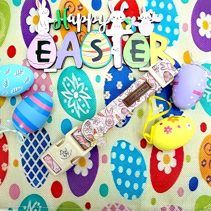 Elegant little tail Easter Dog Collar,Bunny Pattern Pet Collar Pink Durable Holiday Female or Male Adjustable Cotton Pet Collar with Quick Release Buckle for Small Dogs