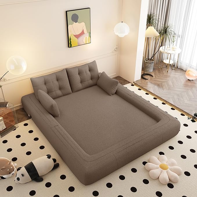 KEIKI 78.7" Human-Sized Dog Bed, 3-in-1 Foldable Sleeper Sofa Bed for Adults, Convertible Floor Couch & Lazy Lounge Sofa Chair, Teddy Fabric Foam-Filled, Brown